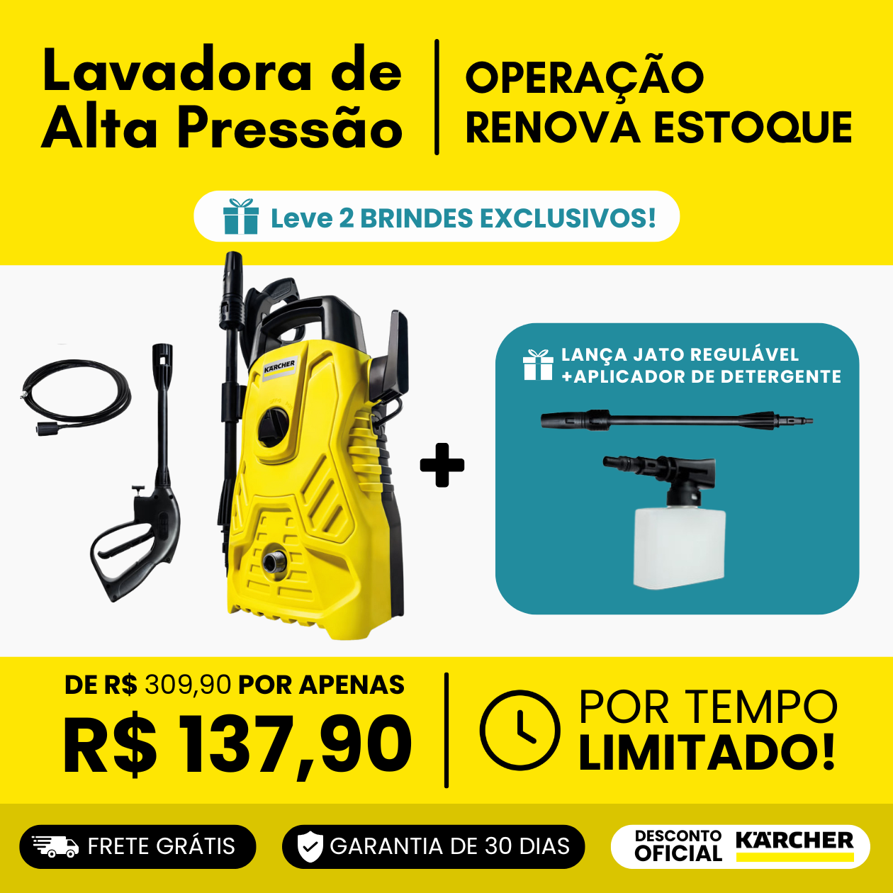 (OFERTA VÁLIDA ATÉ AS 23:59) Lavadora Compacta de Alta Pressão Kärcher 1500 PSI + 2 Brindes